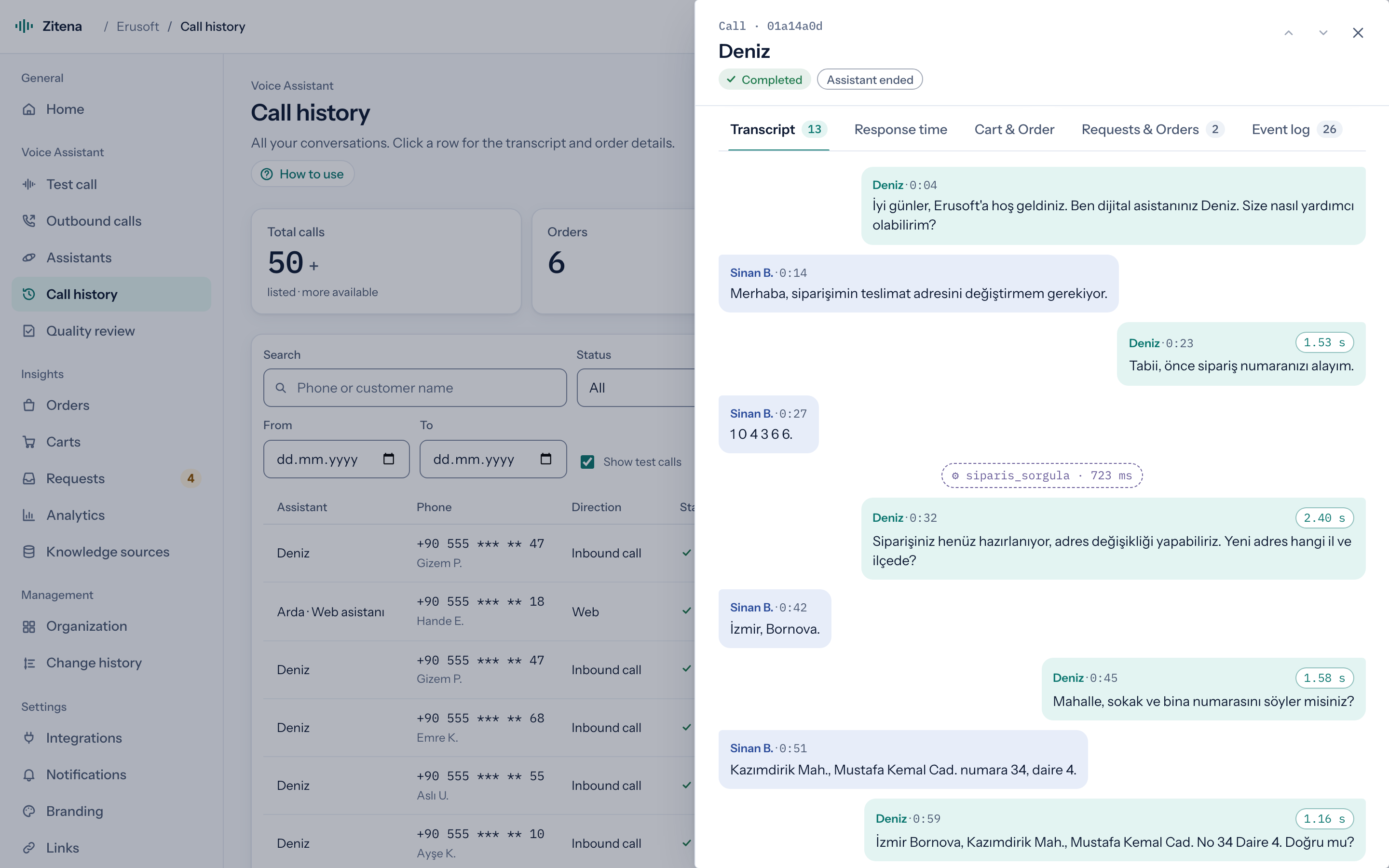 Call detail: agent and customer speech bubbles, response time on each turn and an order lookup