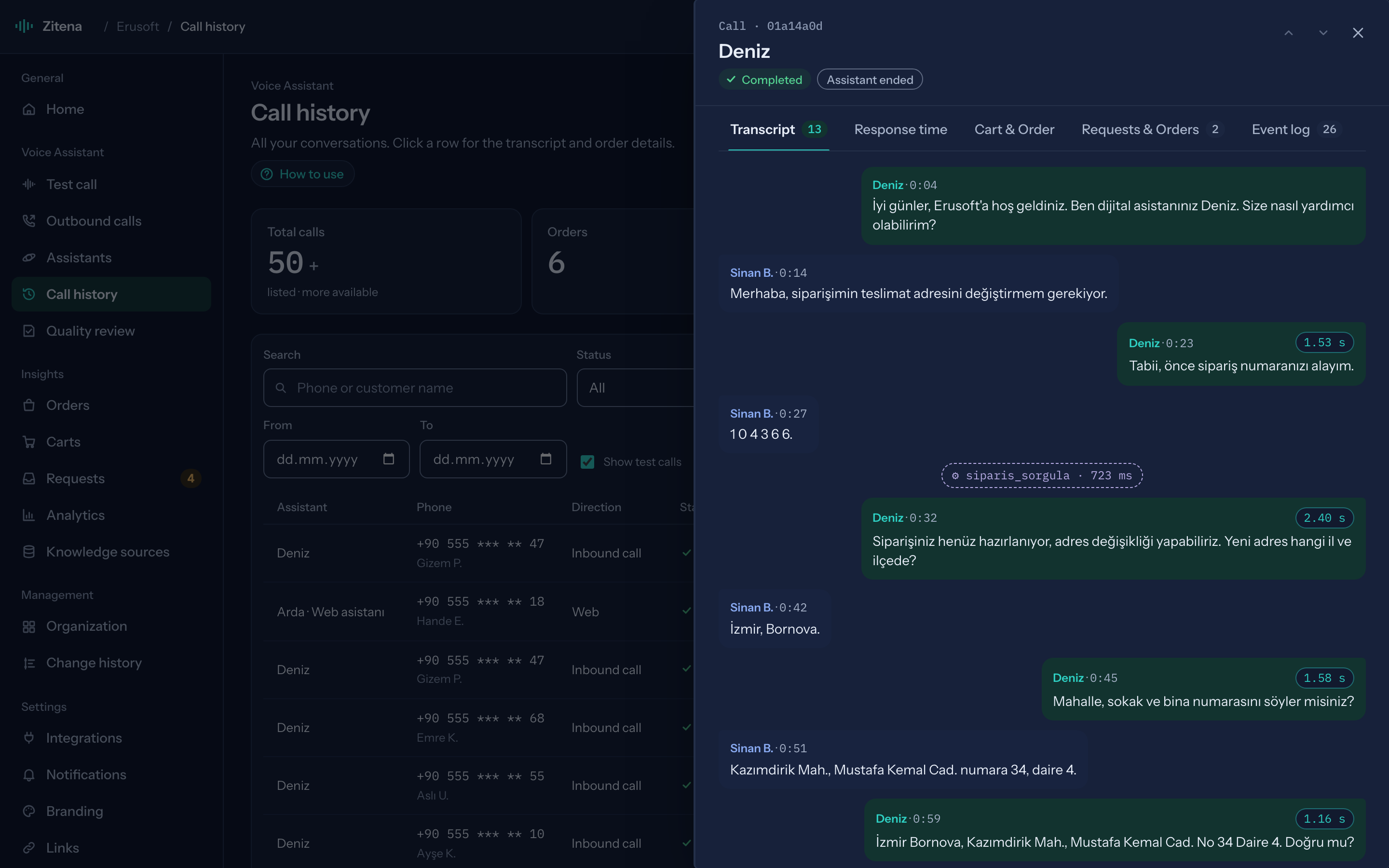 Call detail: agent and customer speech bubbles, response time on each turn and an order lookup