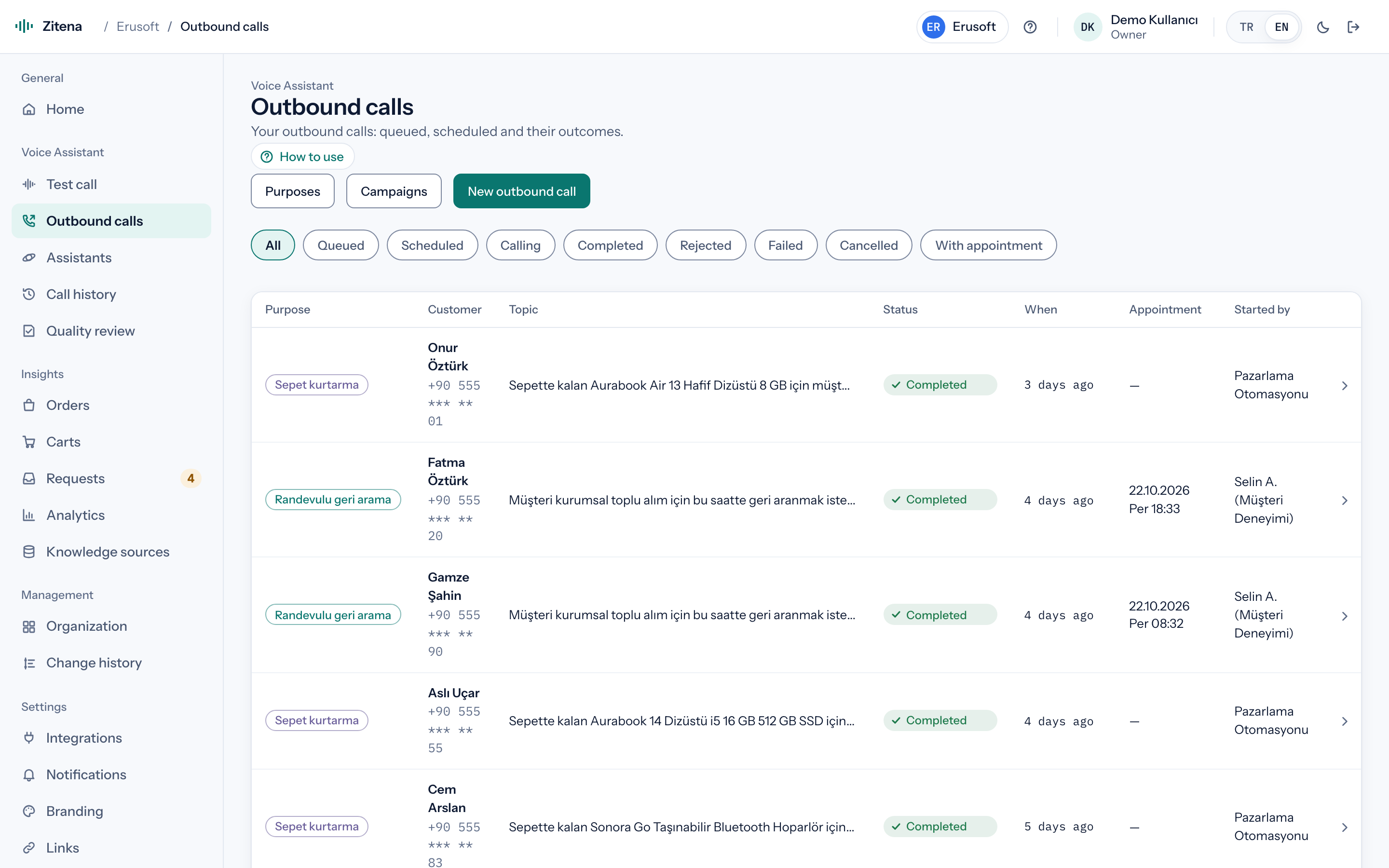 Outbound calls list: purpose, status and scheduled callbacks