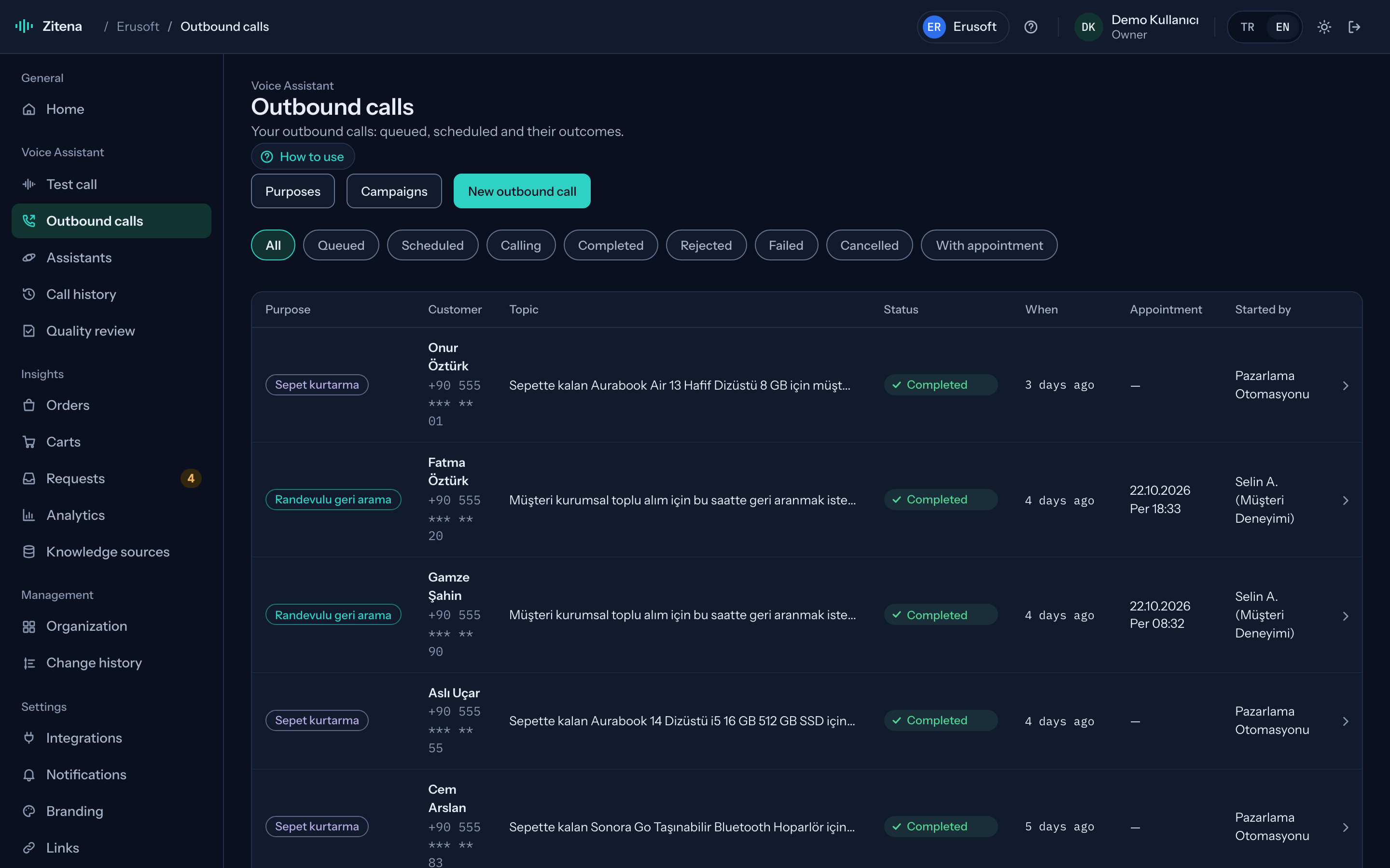 Outbound calls list: purpose, status and scheduled callbacks