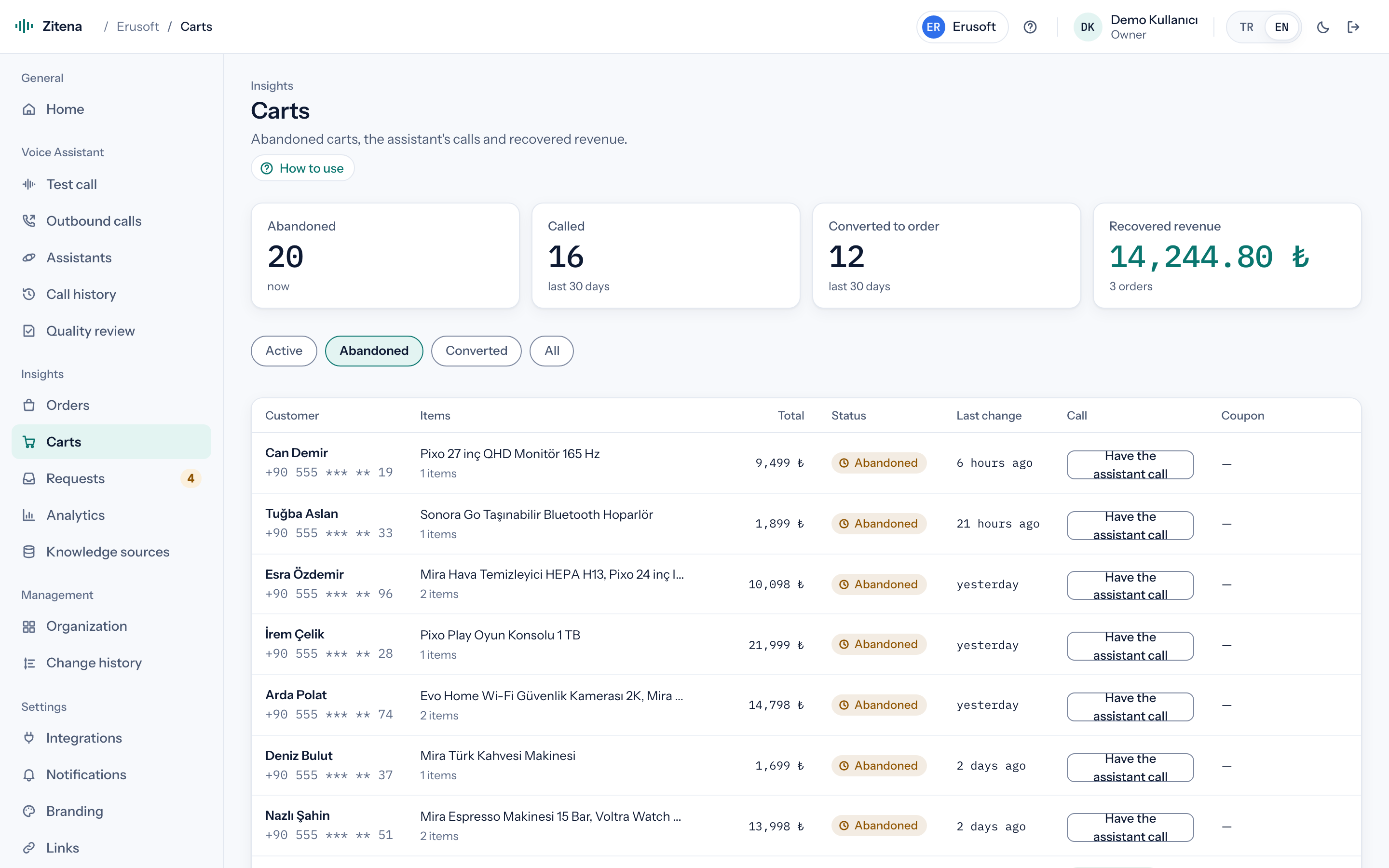 Carts page: abandoned carts, recovery calls and recovered revenue