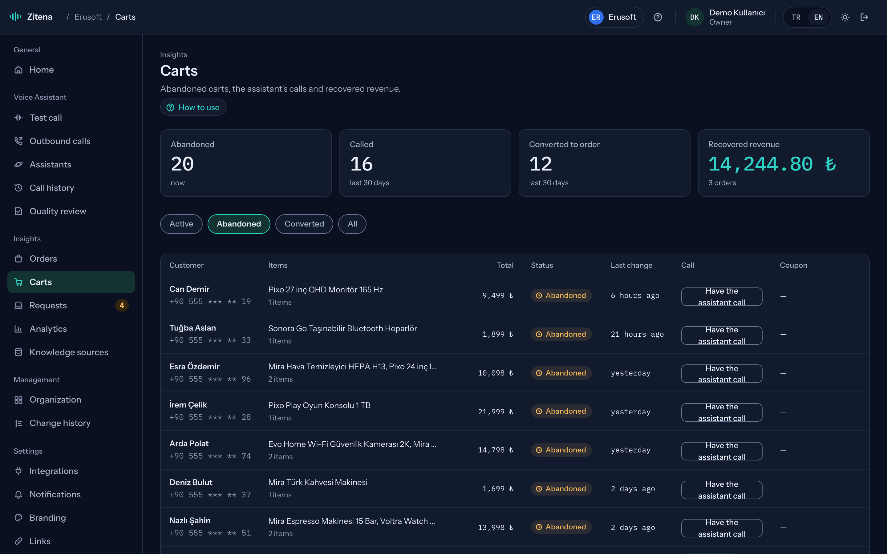 Carts page: abandoned carts, recovery calls and recovered revenue