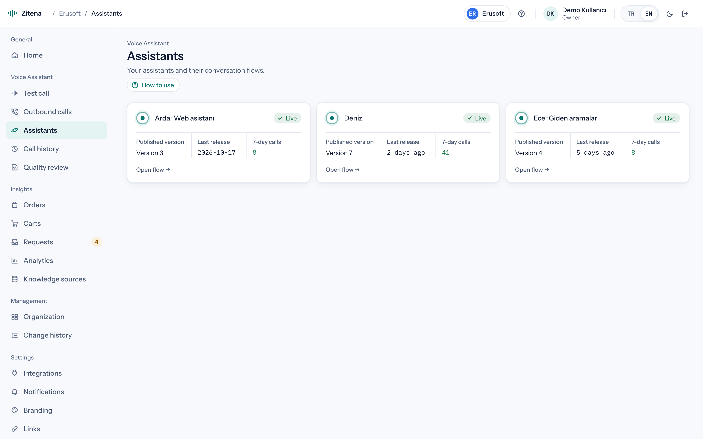 Assistants page: publishing and rolling back versions