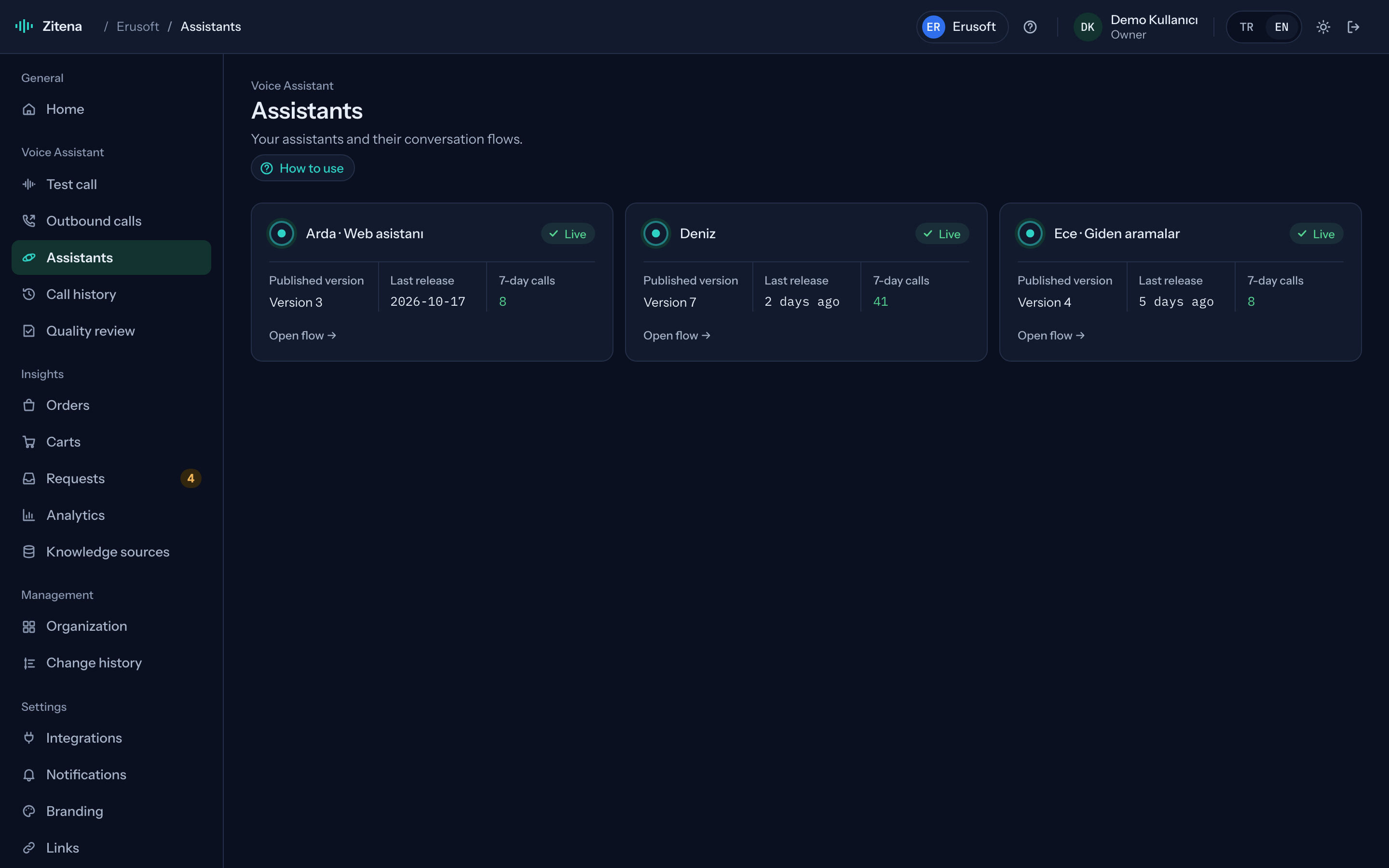 Assistants page: publishing and rolling back versions
