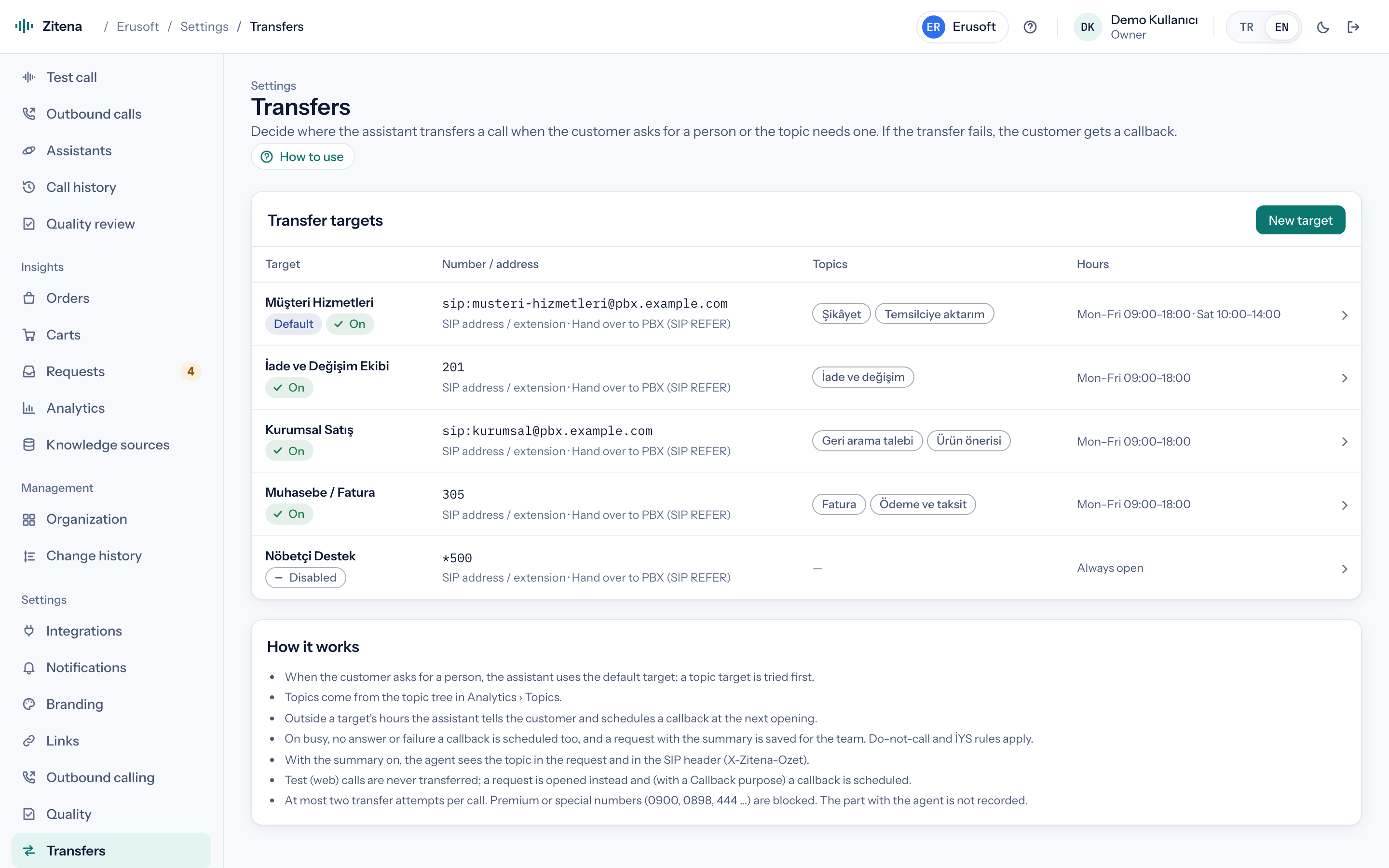 Transfer settings: targets by topic and working hours