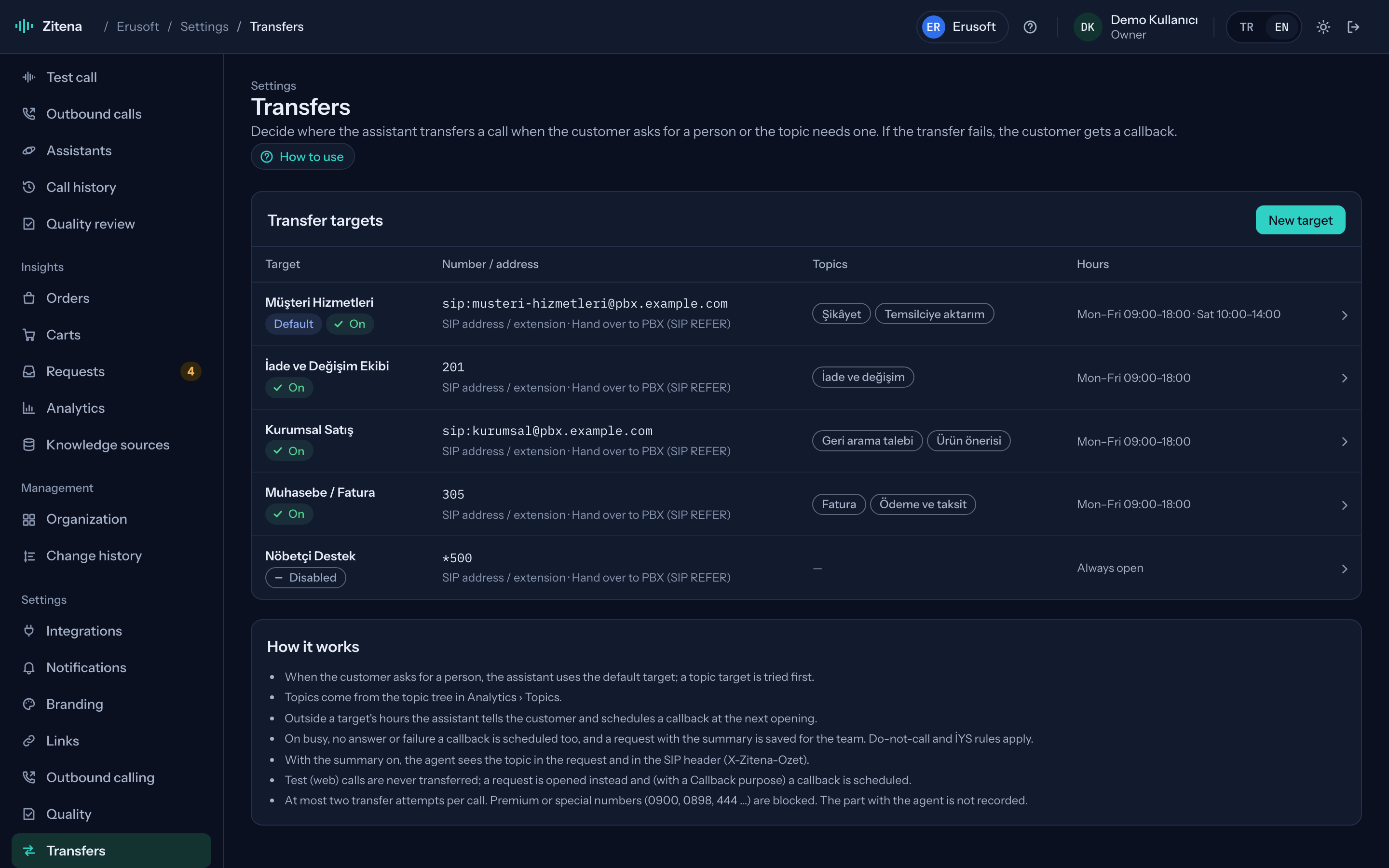 Transfer settings: targets by topic and working hours