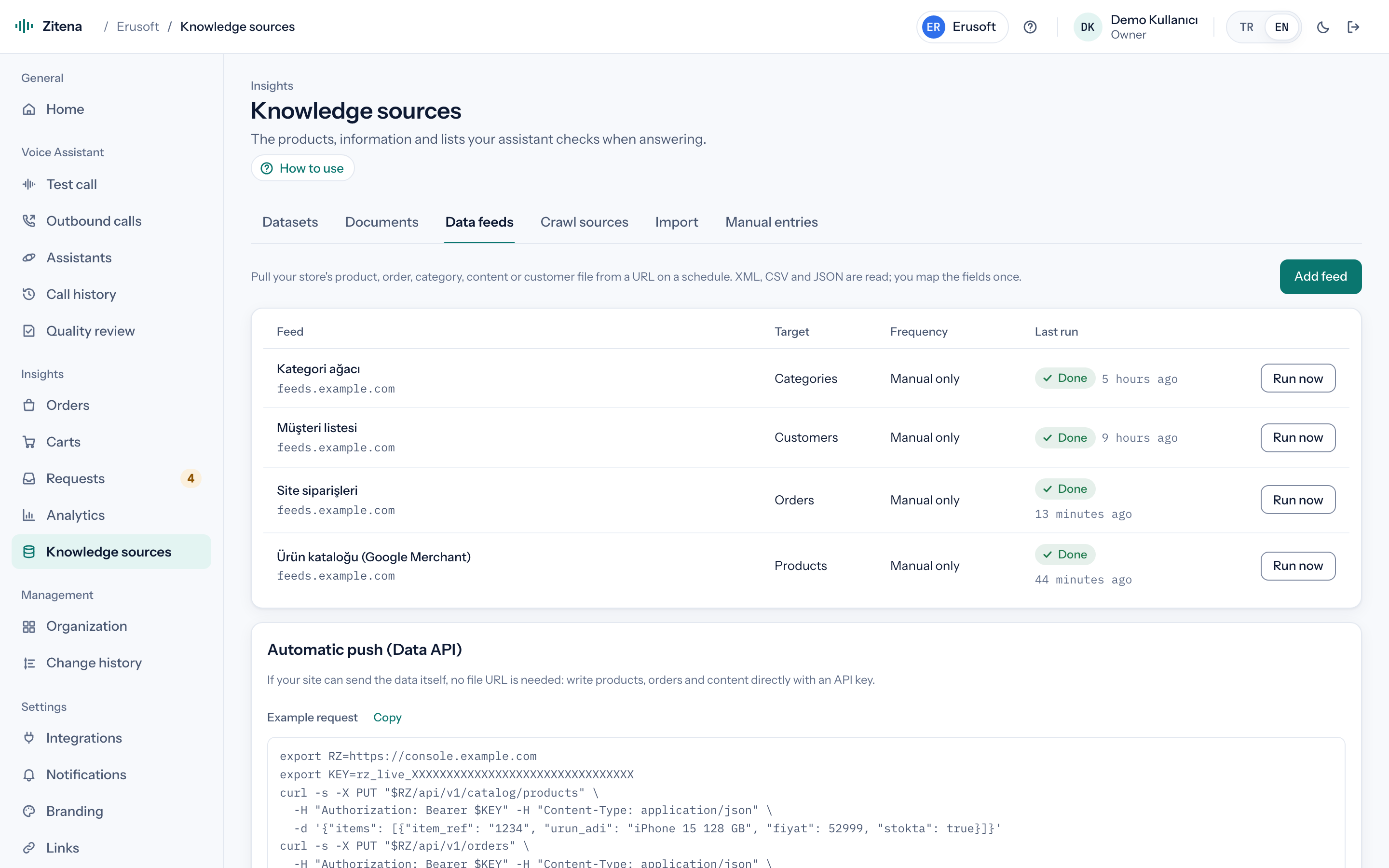 Data feeds tab of the Knowledge sources page: product and order feeds and last read status