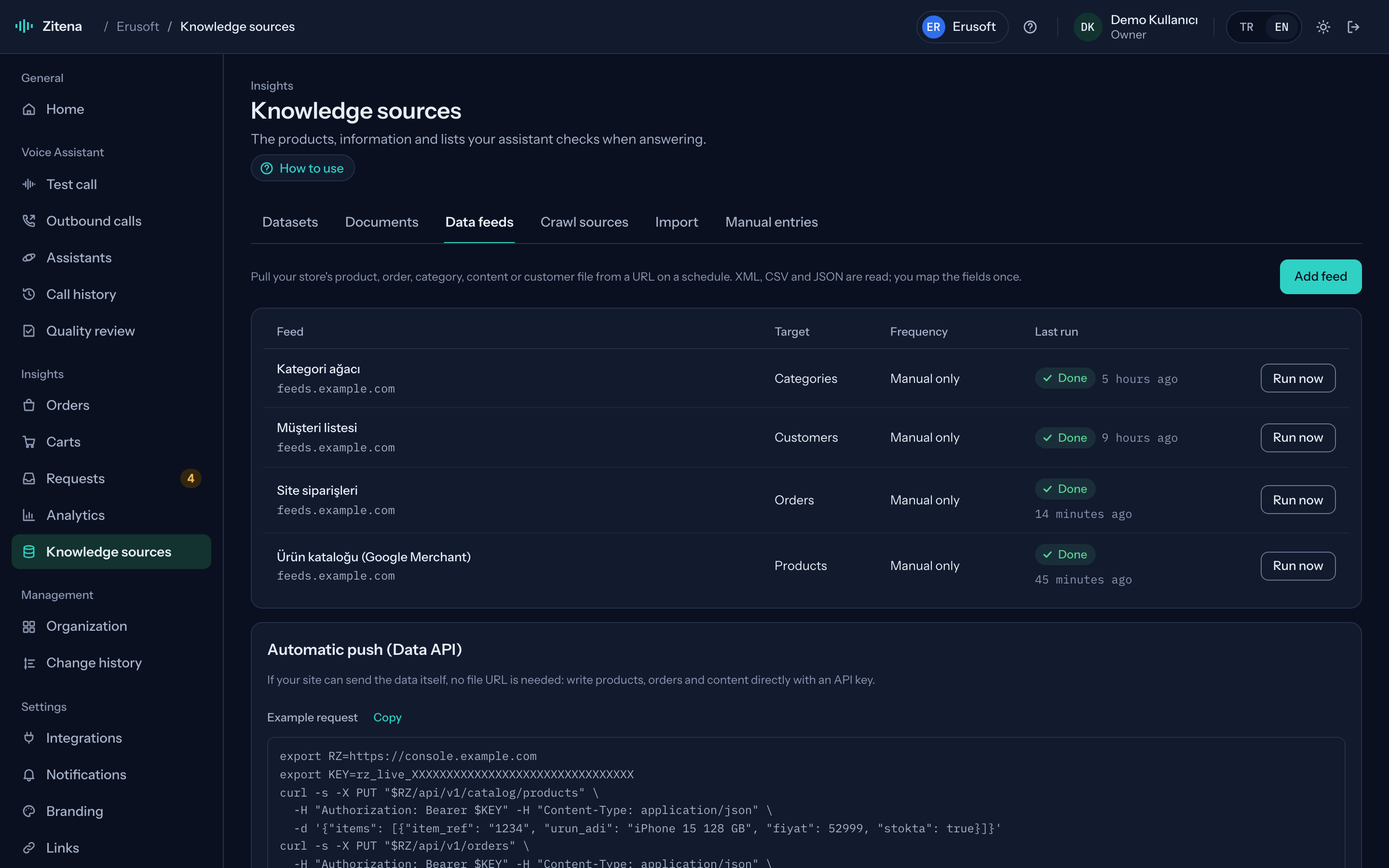 Data feeds tab of the Knowledge sources page: product and order feeds and last read status