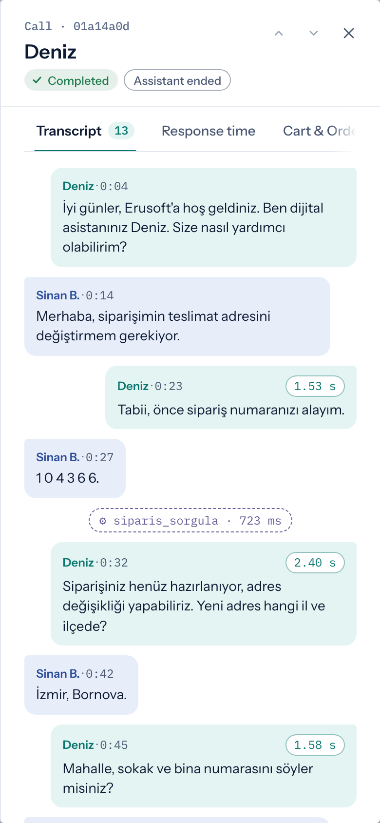 Transcript of an address change call in the mobile console