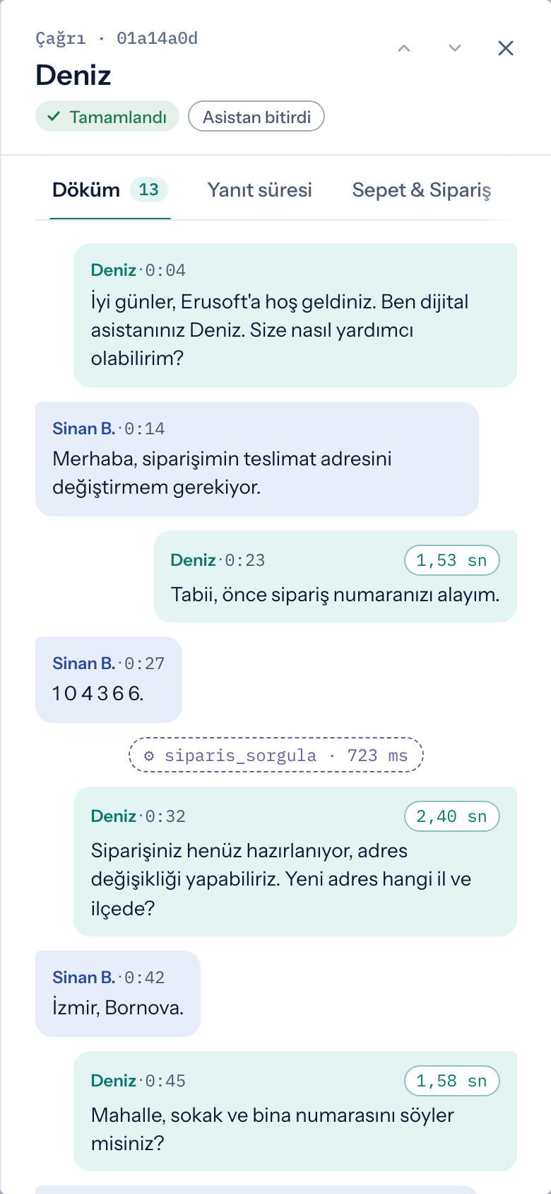 Mobil konsolda adres değişikliği görüşmesinin dökümü