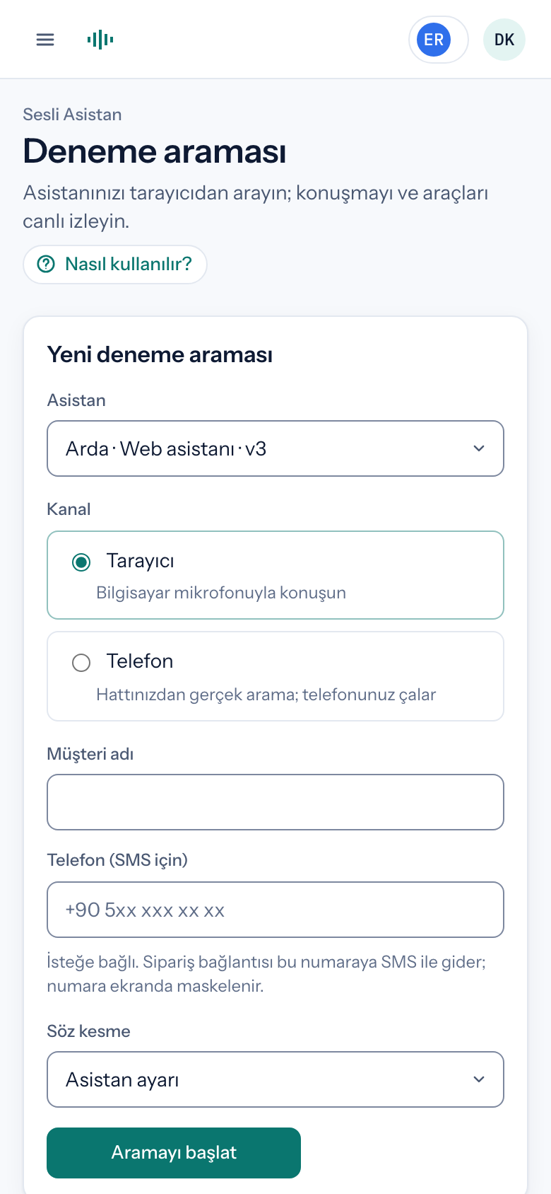Mobilde deneme araması ekranı