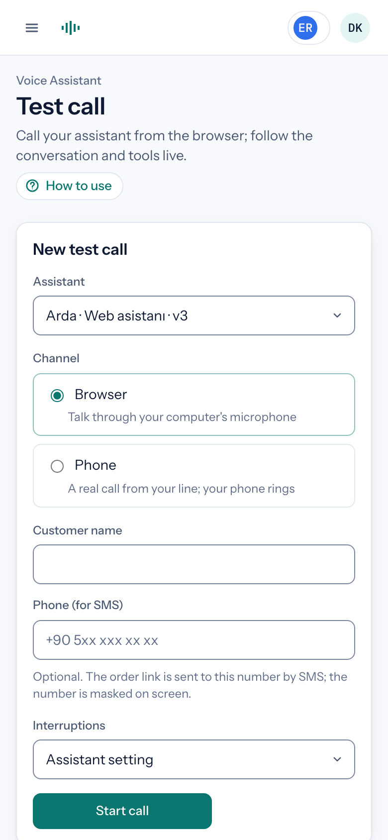 Test call screen on mobile